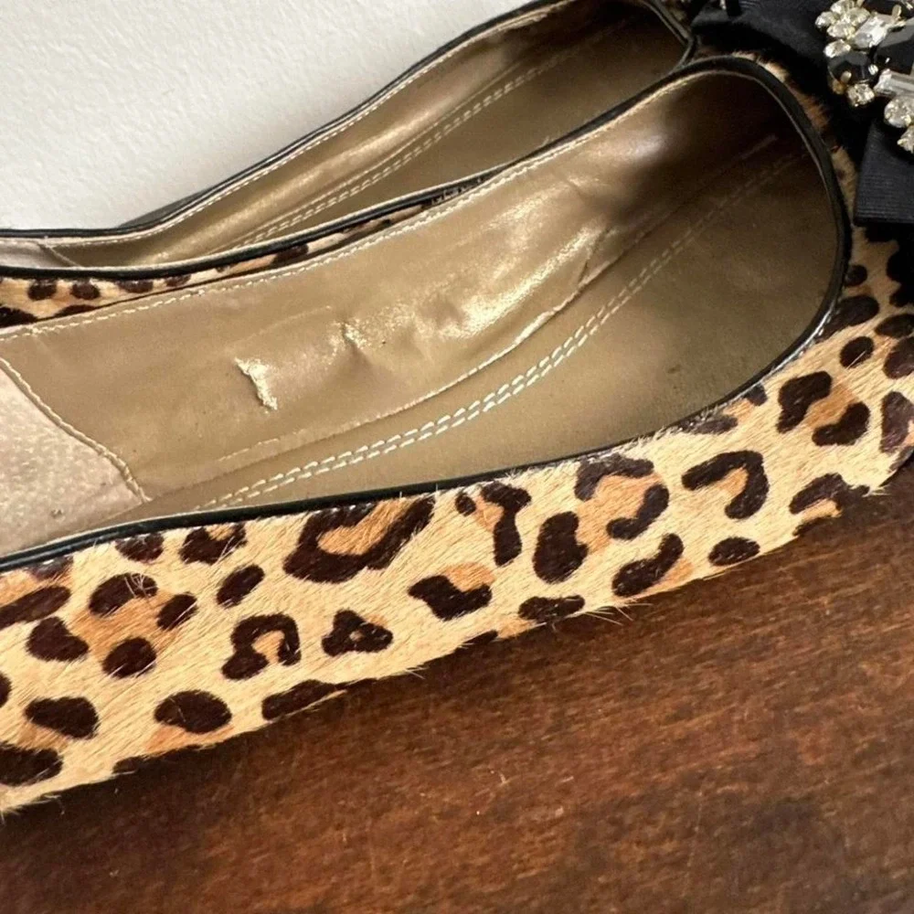 Leopard pony‎ hair ballet flat size 8.5 rhinestone bow brown black